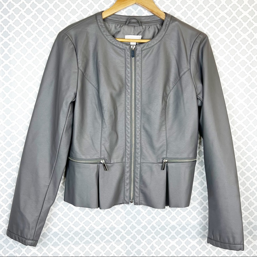 EUC New York & Company Grey Faux Leather Peplum Jacket